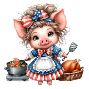 12 imágenes prediseñadas de cerdo patriótico PNG, descarga digital de adorable cerdo para cocinar con estrellas y rayas, arte de granja del 4 de julio