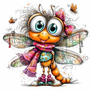 15 PNG Linda libélula – Clipart PNG de insecto caprichoso – Insecto colorido con bufanda y zapatillas para manualidades infantiles, arte mural y tarjetas imprimibles