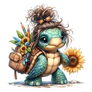 Könnte beinhalten: Eine kleine, blaue und grüne Schildkröte mit braunen Haaren, die zu einem Knoten mit einer gelben Schleife gebunden sind. Die Schildkröte trägt einen braunen Rucksack mit einem blauen Quasten und trägt eine Sonnenblume.