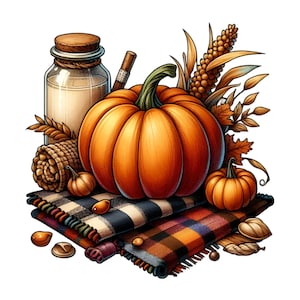 Puede incluir: Un bodeg&oacute;n con una calabaza naranja grande, una calabaza naranja peque&ntilde;a, un frasco de vidrio con tapa de corcho, una mazorca de ma&iacute;z tejida y una manta a cuadros. Las calabazas est&aacute;n rodeadas de hojas secas y tallos de trigo.