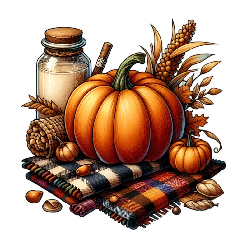 Puede incluir: Un bodeg&oacute;n con una calabaza naranja grande, una calabaza naranja peque&ntilde;a, un frasco de vidrio con tapa de corcho, una mazorca de ma&iacute;z tejida y una manta a cuadros. Las calabazas est&aacute;n rodeadas de hojas secas y tallos de trigo.