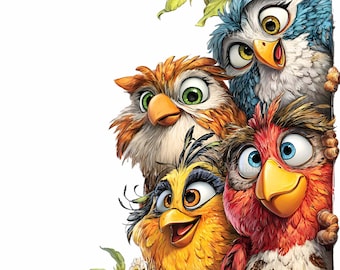 15 PNG Peeking birds clipart – funny bird PNG – colorful cartoon animals for kids crafts, greeting cards, wall art, spring decor, stickers