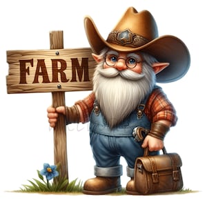 15 Clipart PNG di gnomi da fattoria con cappello da cowboy, camicia a quadri, borsa degli attrezzi e cartello della fattoria / Graziosa grafica di personaggi di campagna per sublimazione e artigianato