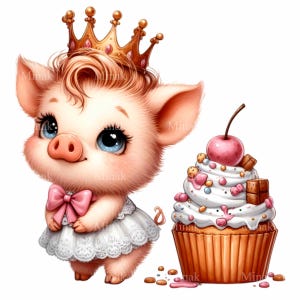 12 imágenes PNG de princesas cerditas, adorable cerdito con corona y cupcake, adorable arte digital de animales de granja, descarga instantánea