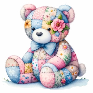 Patchwork Bear PNG Clipart | 10 Cute Quilted Floral Bear Illustration | Stuffed Animal Art Digital Download