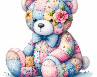 Patchwork Bear PNG Clipart | 10 Cute Quilted Floral Bear Illustration | Stuffed Animal Art Digital Download