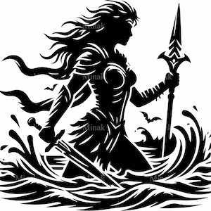 May include: Black and white silhouette of a woman warrior standing in a wave with a spear and sword.