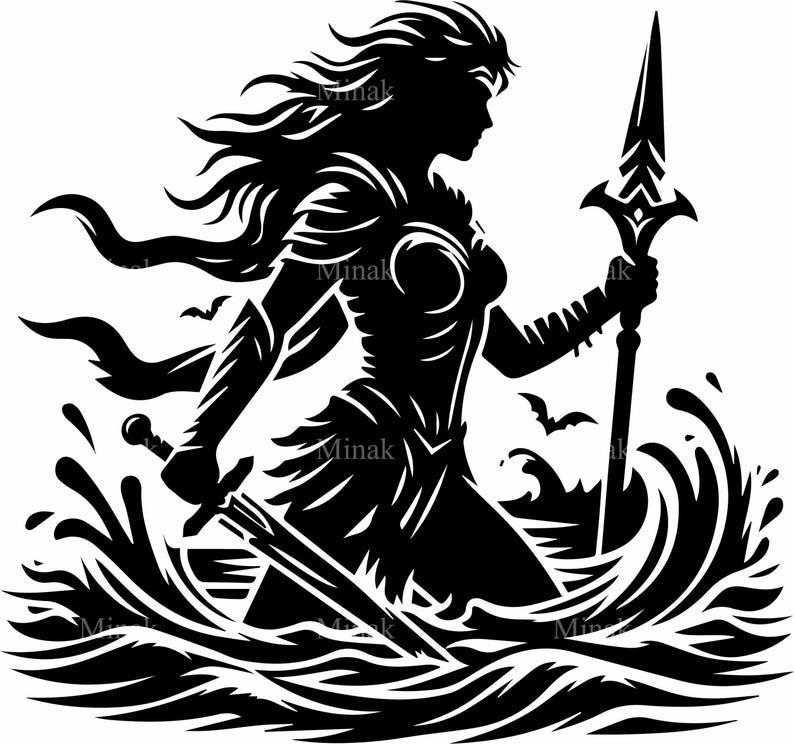 May include: Black and white silhouette of a woman warrior standing in a wave with a spear and sword.