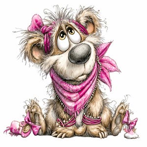 May include: A cartoon illustration of a dog with brown fur, a large black nose, and big, expressive eyes. The dog wears a pink bandana, a matching bow on its head, and pink bracelets. The dog is sitting down and looking upwards.