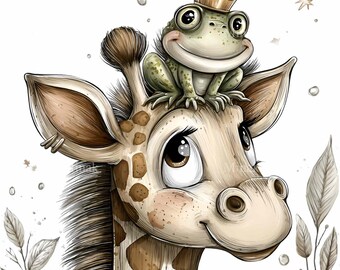 15 imagens PNG de girafa, sapo e príncipe para quarto de bebê em estilo lúdico.