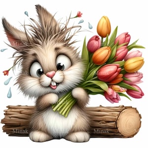 Lapin mignon avec des tulipes PNG Clipart, 12 adorables illustrations de printemps, un design floral fantaisiste pour l'artisanat et la décoration