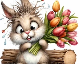 Söt kanin med tulpaner PNG Clipart, 12 bedårande vårillustrationer, nyckfull blomdesign för hantverk och dekoration