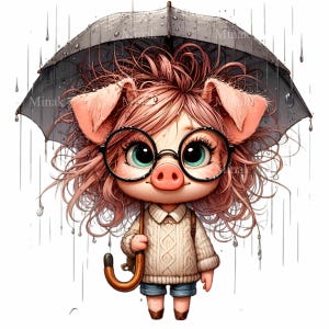 10 lindos cerdos clipart PNG, cerdo caprichoso con gafas y paraguas, descarga digital de animales para días lluviosos para sublimación