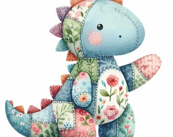 Patchwork dinosaurie PNG Clipart | 12 söta quiltade dinosaurieillustrationer | Digital nedladdning av blommig gosedjurskonst