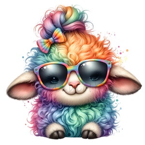 12 regenboogschapen clipart-png | Kleurrijk lam met zonnebril en strik | Leuke funky dierenillustratie voor sublimatie