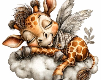 14 PNG Sleeping Giraffe Angel Clipart, Baby Cloud Sublimation, Winged Animal Art