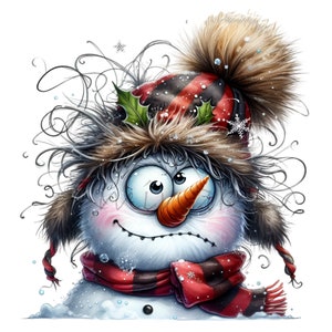 12 Lustiger Schneemann PNG Clipart, niedlicher Winter Charakter mit Hut und Schal, Urlaub Cartoon Illustration für Weihnachtshandwerk & Sublimation