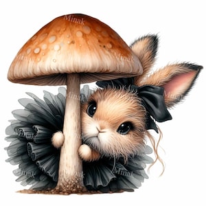 10 Lapin champignon PNG - Clipart mignon lapin en tutu avec champignon vénéneux - Art animalier des bois pour chambre de bébé, travaux manuels d'automne et décoration