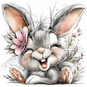 May include: A watercolor illustration of a smiling gray bunny with a pink flower crown. The bunny has long ears, closed eyes, and a wide grin. The background features soft floral accents and a splatter effect.