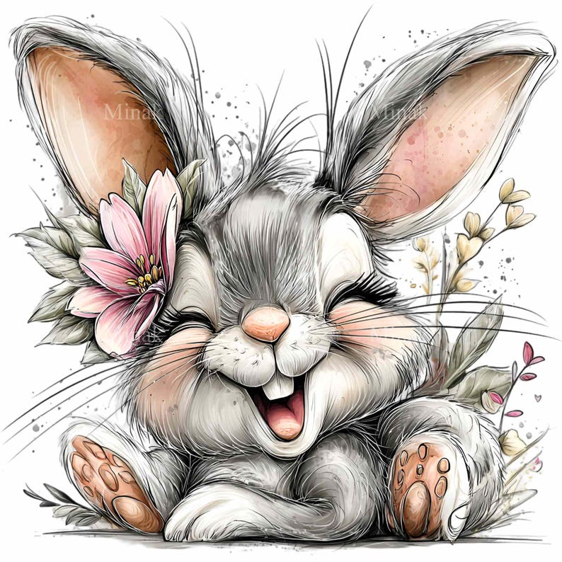 Floral bunny clipart PNG - cute rabbit with flowers digital download for nursery art, Easter crafts, invitations and kids decor