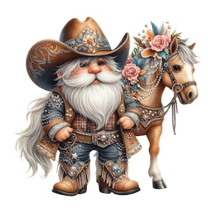 10 Cowboy Gnom PNG Clipart mit Blumenpferd, Westernhut, Fransen-Outfit und Bart - Country Digital Art Download