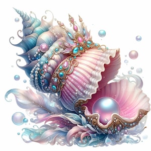 15 Conchas de Fantasia PNG, Clipart de Pérolas do Oceano Encantado, Arte Digital Subaquática Mística, Download de Sublimação de Sereia