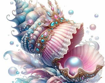 15 Fantasy Seashell PNG, Förtrollad Ocean Pearl Clipart, Mystisk Undervattens Digital Konst, Sjöjungfru Sublimering Nedladdning