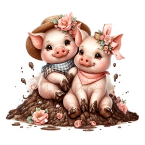 10 adorables cerditos PNG, adorables cerditos en el barro con sombreros y lazos, arte de animales de granja para sublimación y manualidades, descarga instantánea