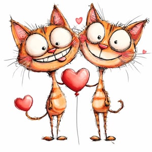 15 gatos de San Valentín PNG – Divertidas imágenes prediseñadas de pareja de gatos enamorados – Lindo arte de globo de corazón para parejas, camisetas o regalos de aniversario