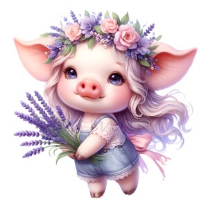 Cerdito floral PNG Clipart. 10 Cerditos lindos con corona de flores y lavanda. Arte caprichoso de animales de granja