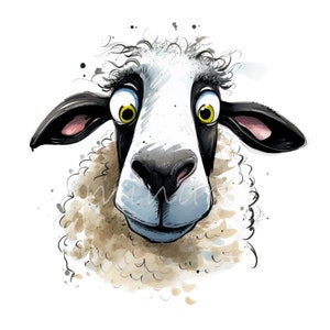 15 cliparts PNG drôles de moutons - Mouton de dessin animé idiot avec de grands yeux et de la laine bouclée - Illustration hilarante d'animaux de ferme