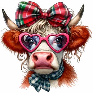 12 graziose mucche delle Highland PNG – Vitello rosso soffice con occhiali a cuore, fiocco scozzese e sciarpa, divertente San Valentino o clipart di campagna