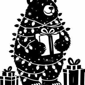 7 SVG Christmas Bear SVG Cut File, świąteczne światła i sylwetka prezentu, świąteczny zimowy clipart do cięcia Cricut i laserowego