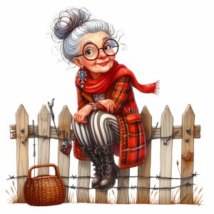 14 PNG Quirky grandma clipart – Funny old lady PNG – Whimsical fence art for cards, mugs, scrapbooking and crafts