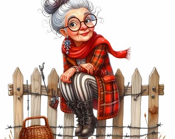 Może przedstawiać: Kapryśna ilustracja starszej kobiety z siwymi włosami w kok, w okularach, czerwonym szaliku i płaszczu w kratę. Siedzi na drewnianym płocie z koszem i aparatem fotograficznym. Jej spodnie mają czarno-białe paski.