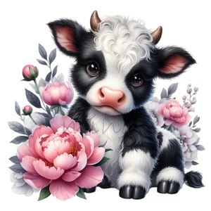 Lindo bebé vaca con peonías flores niños ilustración clipart 12 PNG