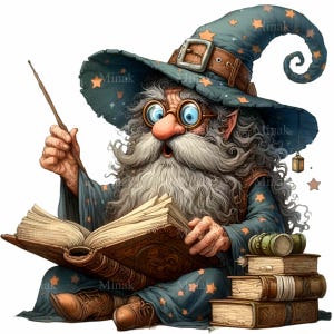 7 Clipart PNG de sorcier lisant – vieux sorcier magique avec des livres et une baguette – art numérique sorcier fantastique