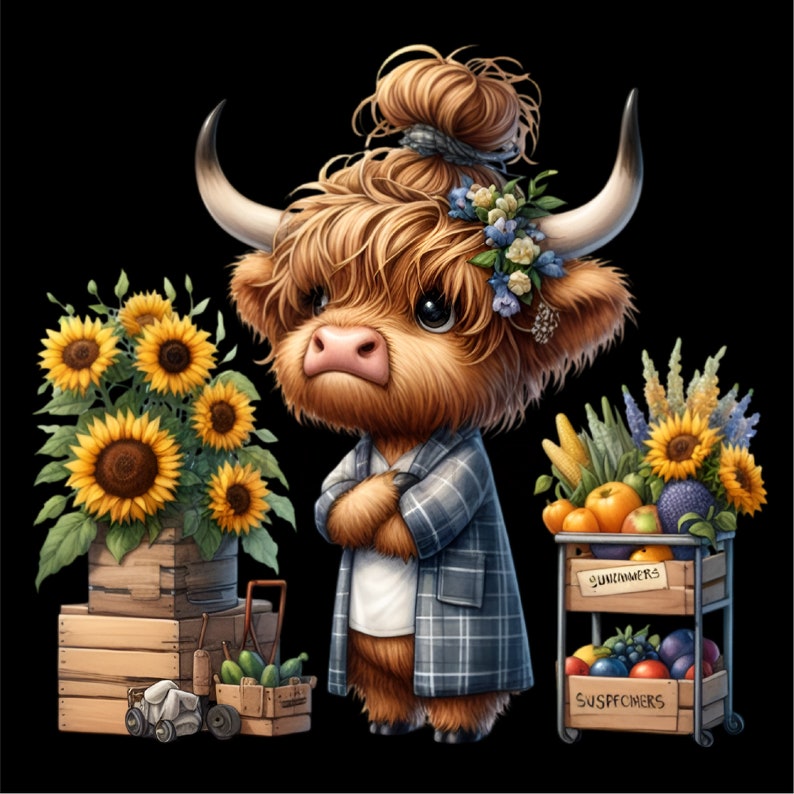 15 PNG Highland Cow Clipart, Sunflower Farm Animal Illustration Rustic ...