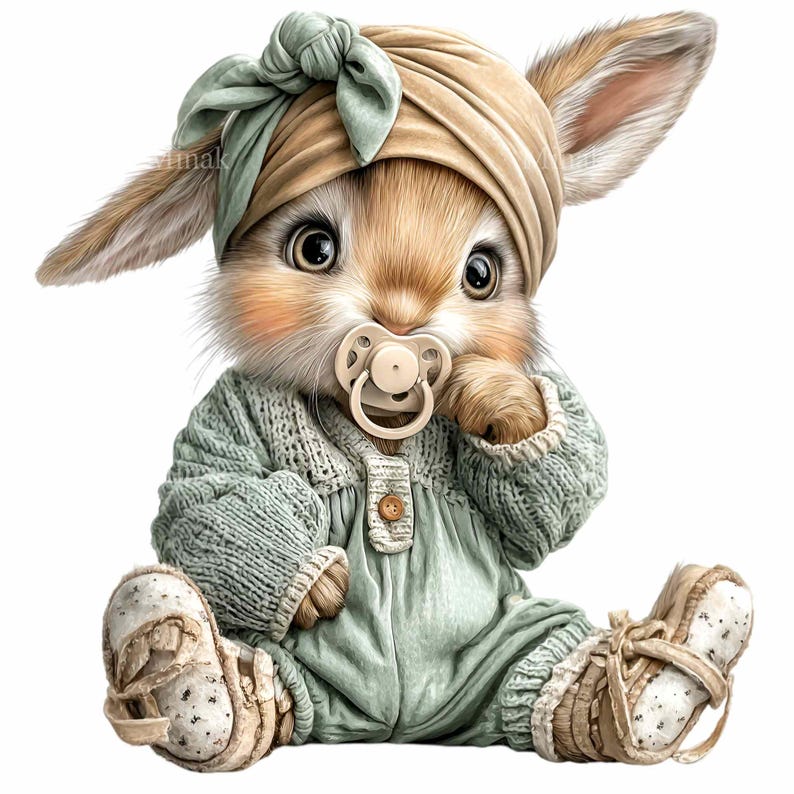 May include: A digitally rendered image of a baby bunny wearing a sage green outfit, a beige turban, and a matching bow. The bunny has a pacifier in its mouth and is wearing matching booties. The bunny is sitting down and looking forward.