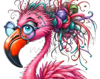 15 lustige Flamingo-Brillen (PNG), skurrile Vogel-Sublimations-Cliparts mit unordentlichem Duttfrisur