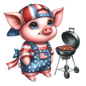 12 imágenes prediseñadas de cerdo a la parrilla (PNG) – Cerdo del 4 de julio PNG – Lindo cerdo patriótico con parrilla para sublimación del Día de la Independencia y manualidades de verano
