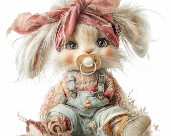 16 PNG Baby Rabbit Clipart, Newborn Bunny Pacifier Graphics, Vintage Overalls Art