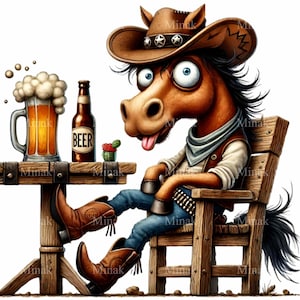 15 Cowboy Pferd PNG Clipart - Lustiges Pferd mit Bier und Hut - Skurrile Western Tier Kunst