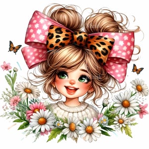 Könnte beinhalten: Digitale Illustration eines lächelnden Mädchens mit grünen Augen, das einen weißen Pullover trägt und von Gänseblümchen und Schmetterlingen umgeben ist. Sie hat eine große rosa Schleife mit weißen Punkten und eine Leopardenmuster-Schleife auf dem Kopf.