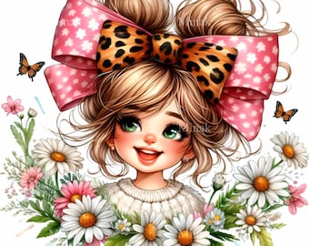 12 imágenes prediseñadas de niña con lazo. Lindo retrato floral. Ilustración de margarita primaveral para arte mural, pegatinas y manualidades de sublimación.