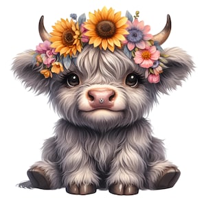 Süße Kuh Clipart, 15 PNG Mädchen Clip Art, Floral Highland Kuh png, lustige Oma Mutter Tages Karte, Sublimation Geschenk druckbar, Wand Kunst