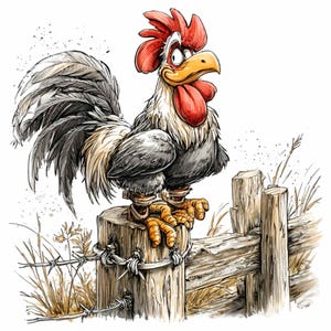 15 PNG Rustic fence rooster – Funny farm clipart PNG – Country animal illustration for cards, prints, kids room, DIY wall art