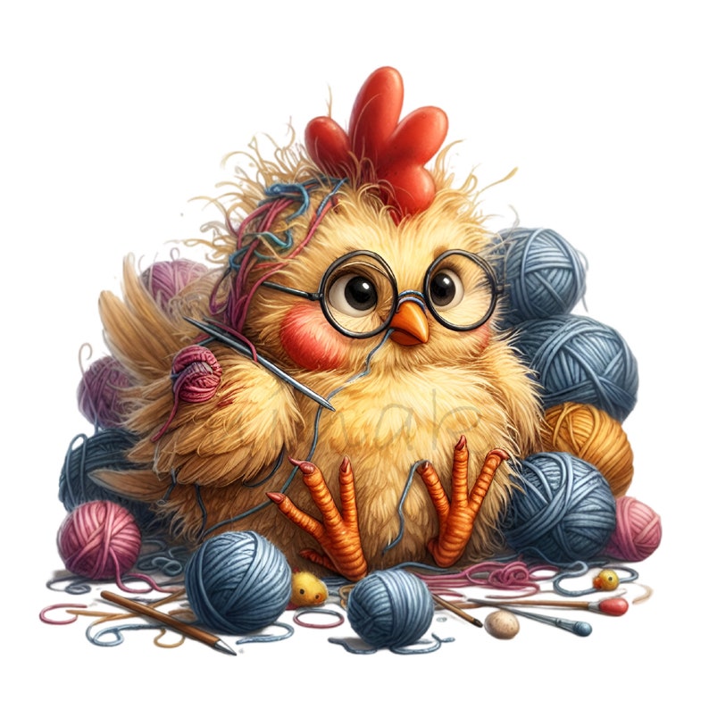 May include: A yellow chick wearing glasses and a red comb sits surrounded by balls of yarn in various colors, including pink, blue, and yellow. The chick is holding a knitting needle and appears to be knitting.