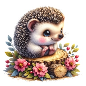 Imágenes prediseñadas de erizo, 12 imágenes prediseñadas de erizo floral PNG, ilustración de vivero de animales bebés, fabricación de tarjetas del día de la madre, tarjeta de sublimación imprimible