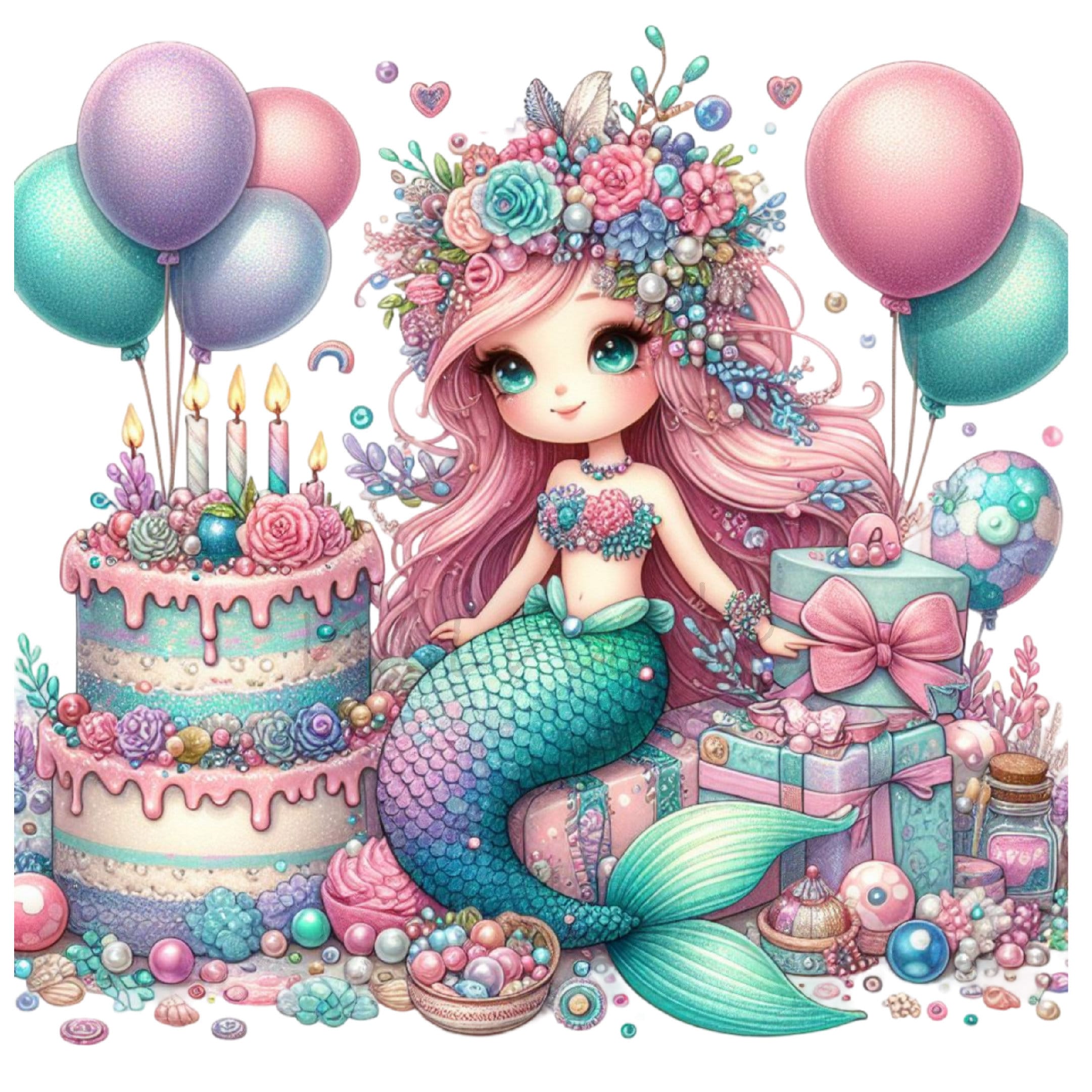 Mermaid Clipart, Birthday Cake Clipart, 14 PNG Watercolor Fairytale ...